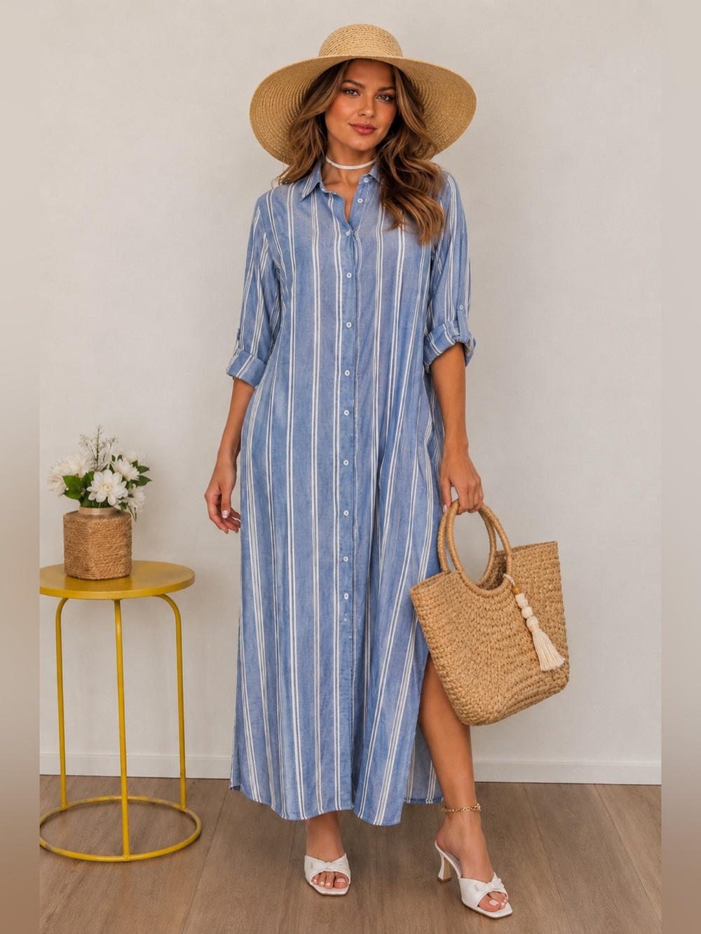 Tommy Bahama Blue and White Striped Button-Down Maxi Dress Size M